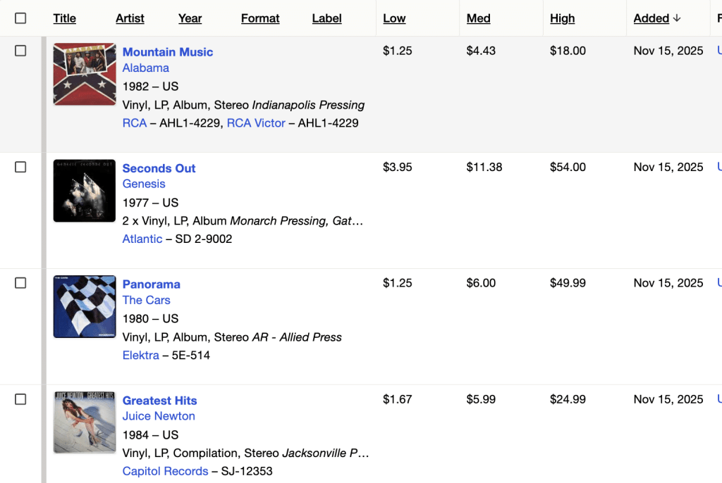 Discogs catalog list example.