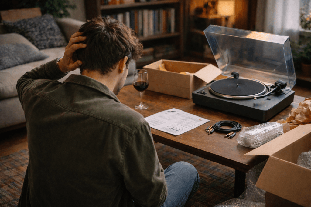 Person who is confused setting up a record player