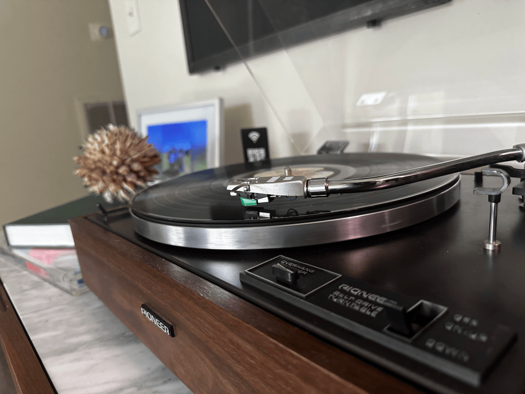 Audio-Technica AT-VM95E cartridge mounted to a vintage Pioneer headshell on a Pioneer PL-12D turntable