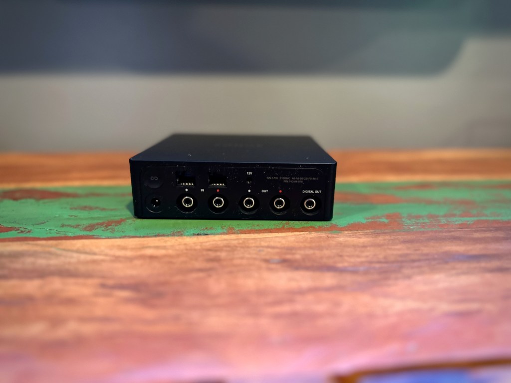 Rear panel of Sonos Port showing line-in, line-out, and digital output connections for turntable setup