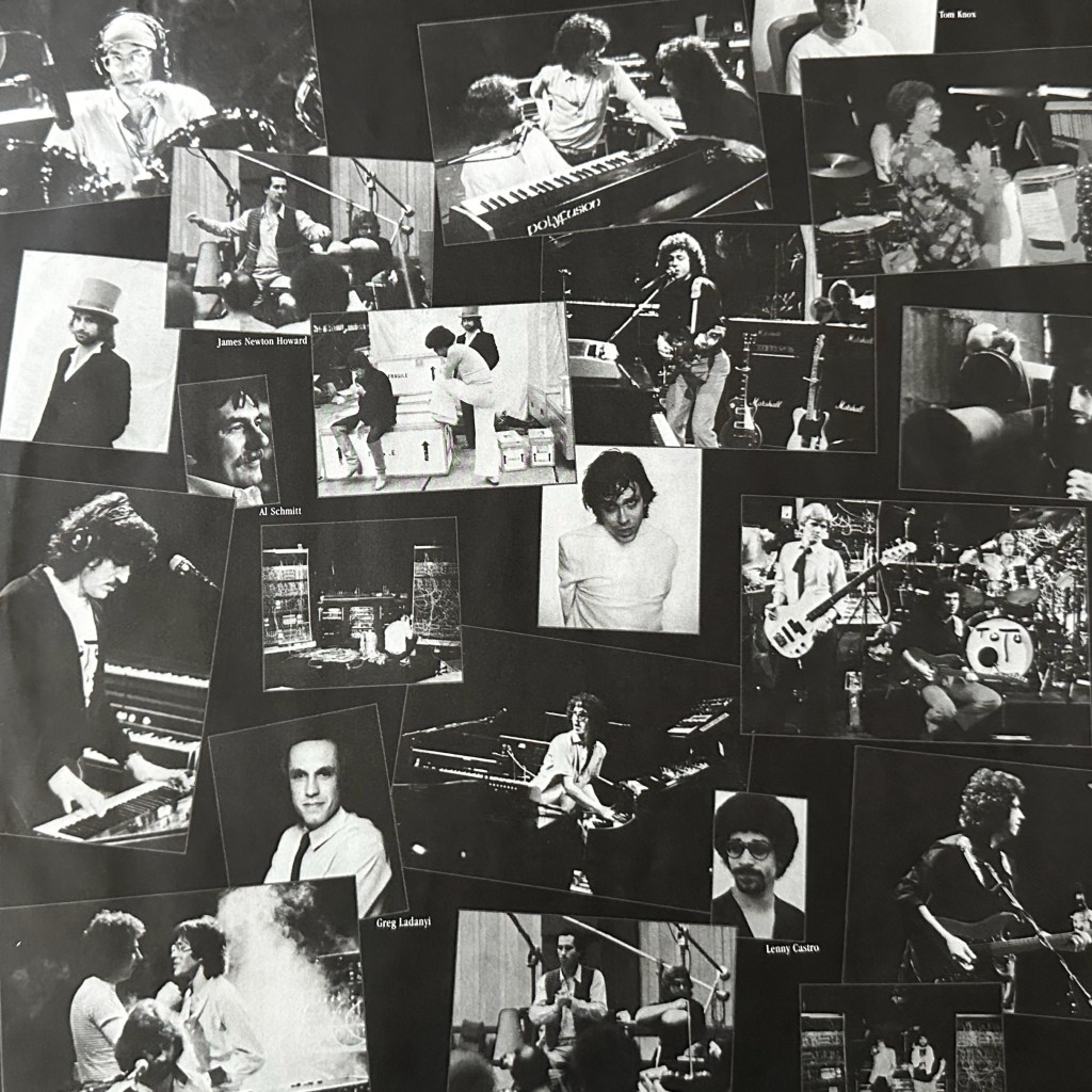 Black-and-white studio and performance photos from the inner sleeve of Toto IV vinyl album featuring band members during recording sessions