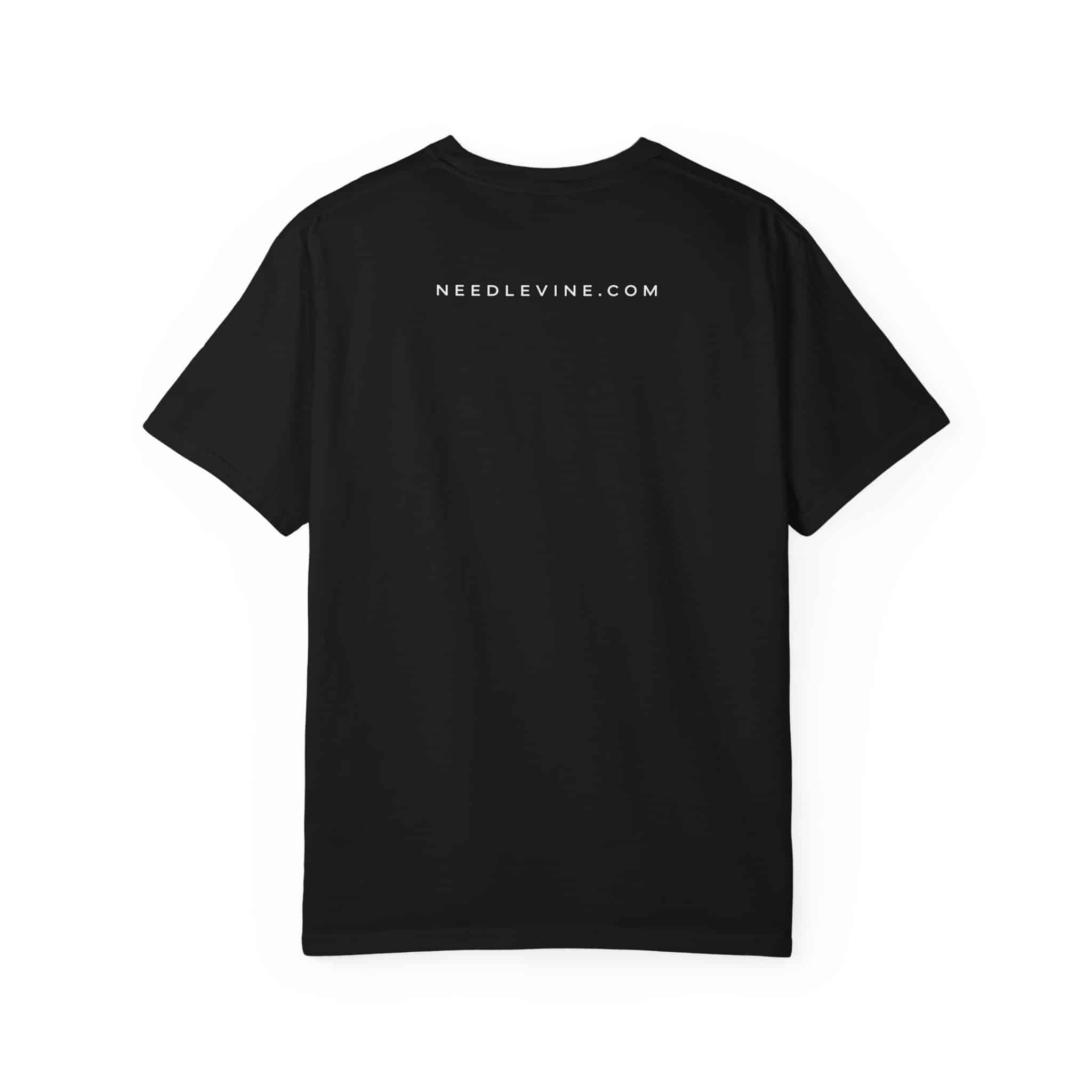 Back of black Needle & Vine Logo Tee with NEEDLEVINE.COM print