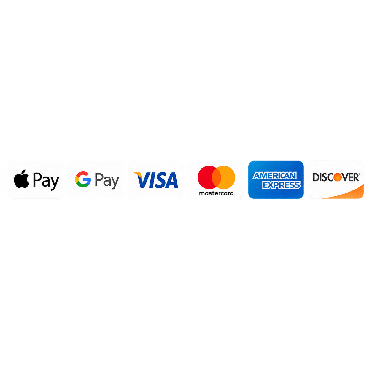 Accepted payment methods: Apple Pay, Google Pay, Visa, Mastercard, American Express, and Discover