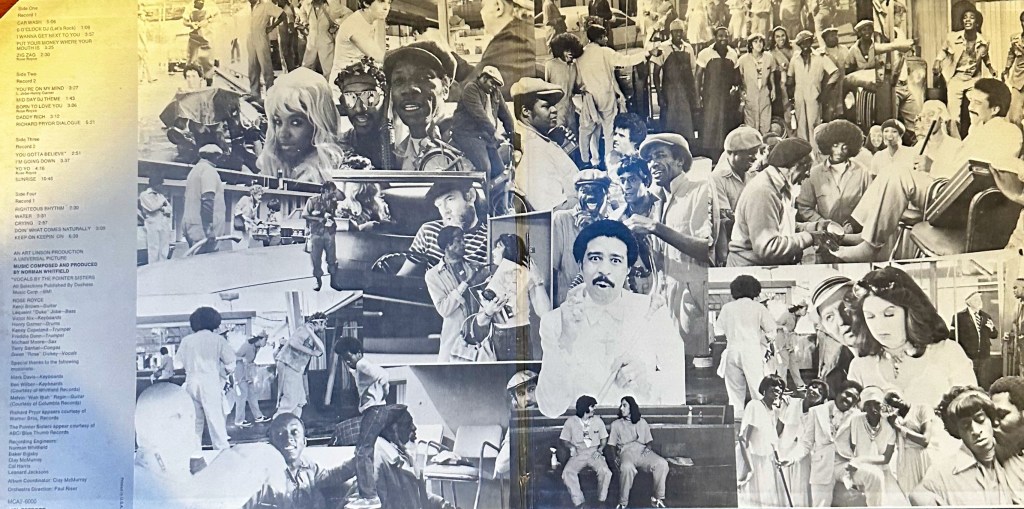 Interior gatefold of the Car Wash soundtrack with its track listing and a black-and-white collage of scenes from the movie.