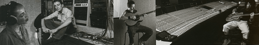 Black-and-white photo montage from the Sade Lovers Rock vinyl insert, showing vocals, guitars and a studio mixing desk.